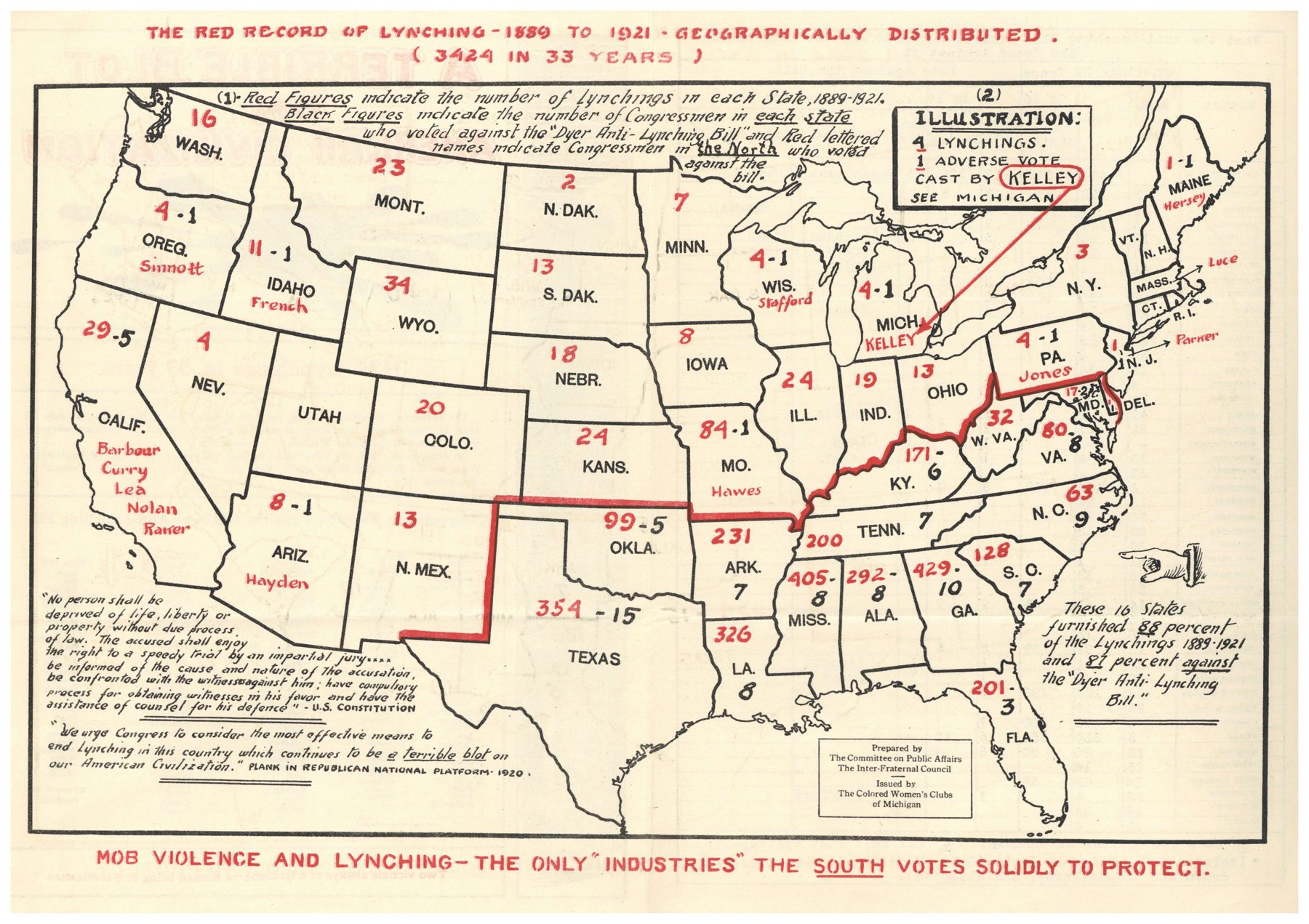 The Red Record of Lynching, 1889 to 1921, a historical data map issued by the Colored Women's Clubs of Michigan